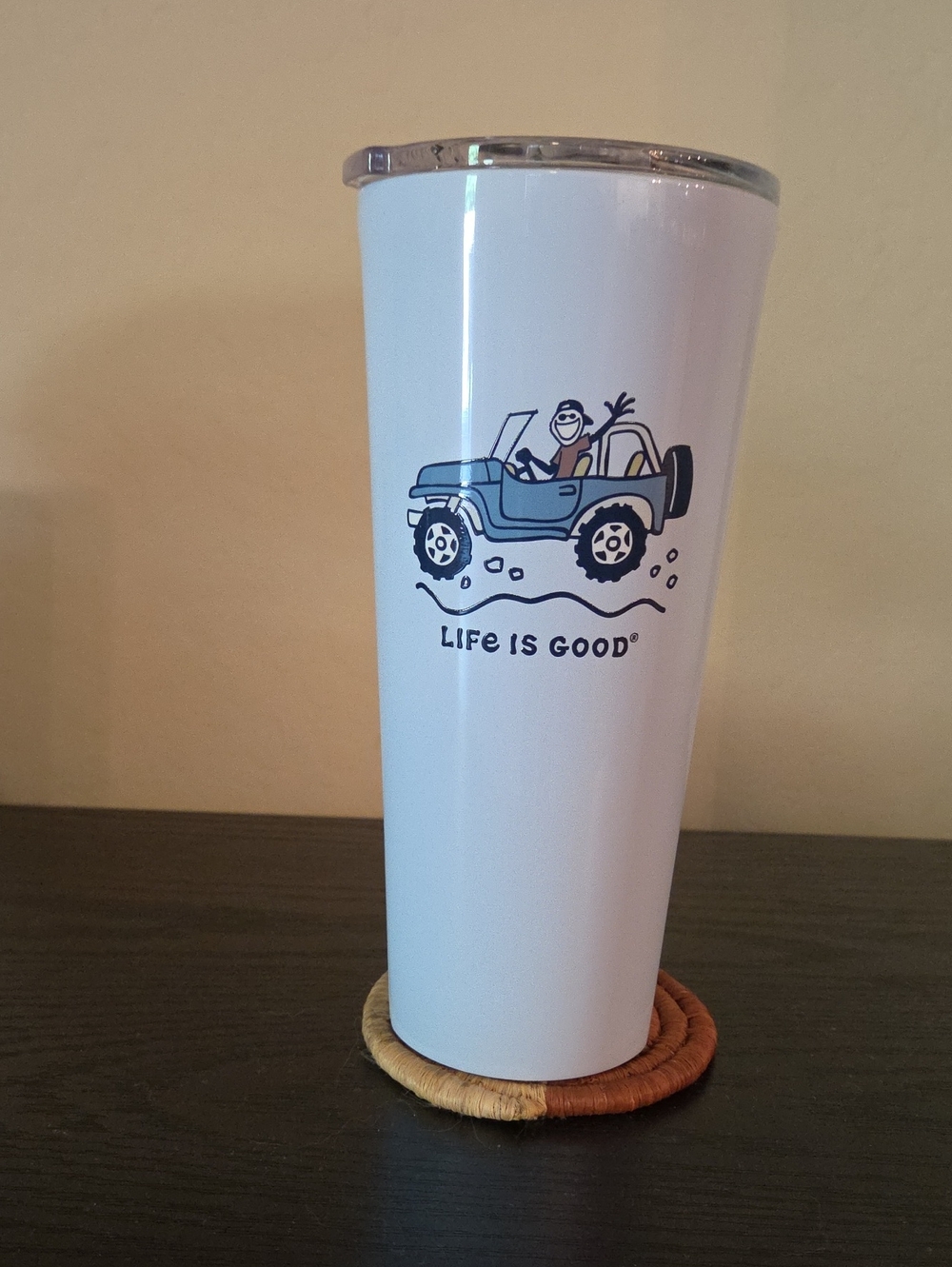 Life Is Good Blue Tumbler with Blue Jeep Illustration